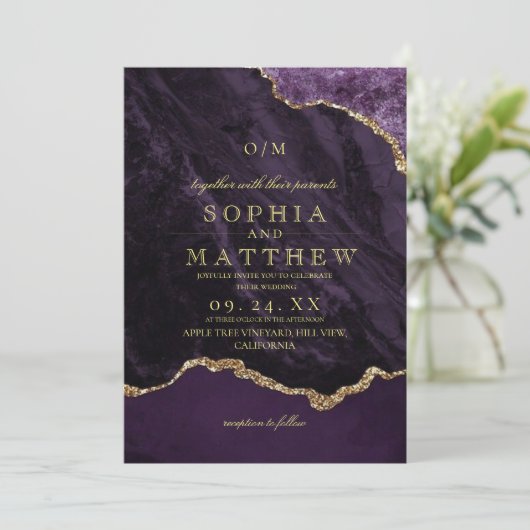 Modern Purple Gold Wedding Photo Invitation Einladung (Stehend Vorderseite)