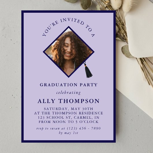 Modern Purple Photo Frame Graduation Party Einladung