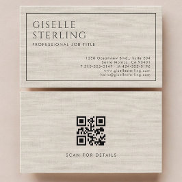 Modern QR Code Beige Linen Professional Luxury  Visitenkarte