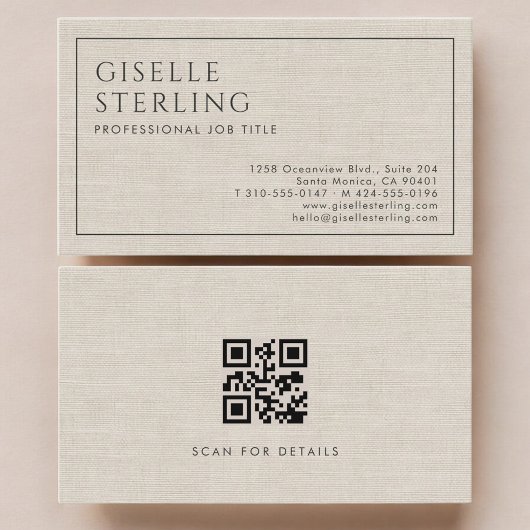 Modern QR Code Beige Linen Professional Luxury Visitenkarte