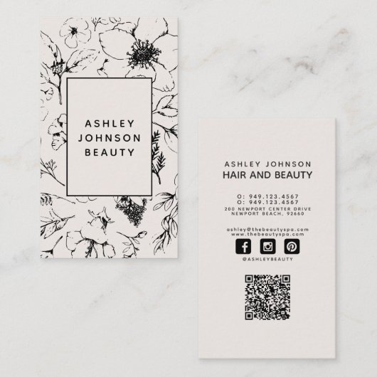 Modern QR Code Botanical Blush and Black Visitenkarte (Vorne/Hinten)