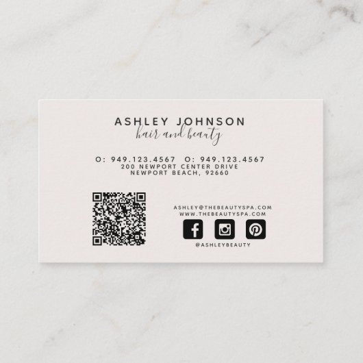 Modern QR Code Botanical Blush & Black Name Script Visitenkarte (Rückseite)