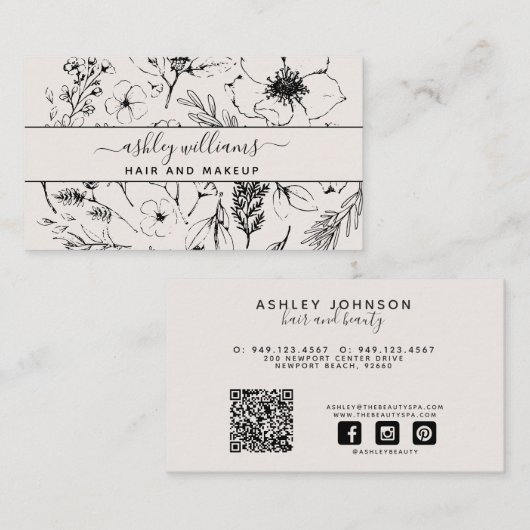 Modern QR Code Botanical Blush & Black Name Script Visitenkarte (Vorne/Hinten)