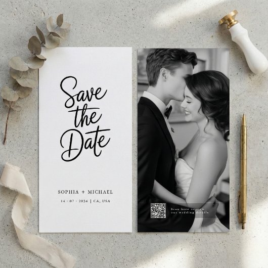 Modern QR Code Elegant Script Photo Wedding Save The Date