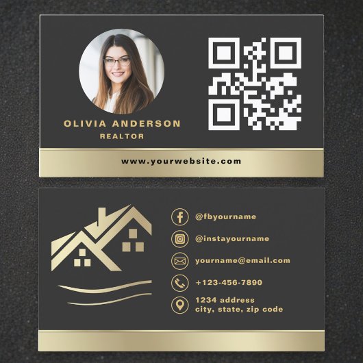 Modern QR Code Gold House Real Estate Realtor Visitenkarte