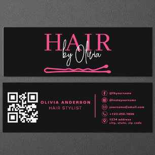 Modern QR Code Hair Stylist Black Hot Pink Mini Visitenkarte