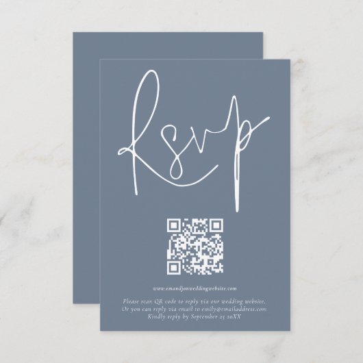 Modern QR Code Script Wedding Dusty Blue RSVP Card Einladung (Vorne/Hinten)