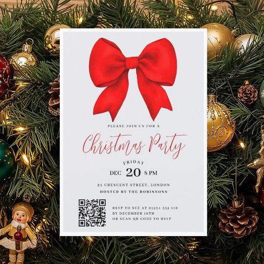 Modern QR Red Holiday Bow Christmas Party Einladung