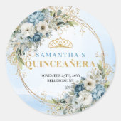 Modern Quinceañera Sticker Blue Gold Greenery (Vorderseite)