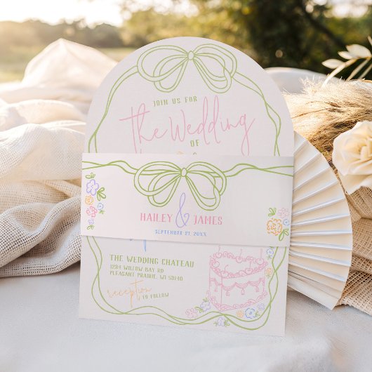 Modern quirky hand drawn bow PASTEL retro wedding Einladungsbanderole