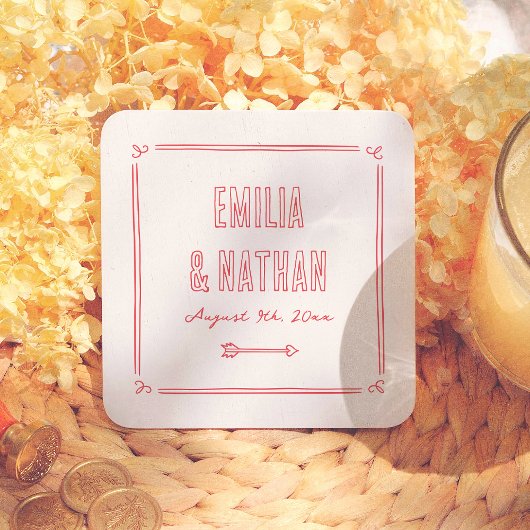 Modern Quirky Retro Hand Drawn Cupid Wedding Rechteckiger Pappuntersetzer