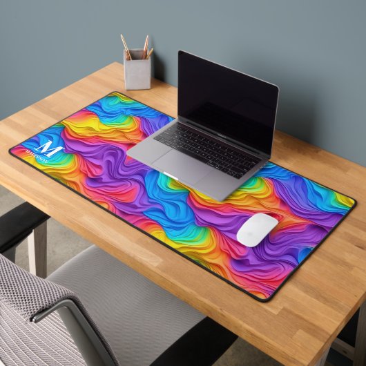 Modern Rainbow Abstract Swirls Monogram Schreibtischunterlage (Büro 2)