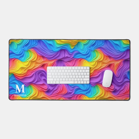 Modern Rainbow Abstract Swirls Monogram Schreibtischunterlage (Tastatur & Maus)