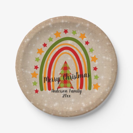 Modern Rainbow Christmas Tartan Tree 20xx Text 7" Pappteller (Vorderseite)