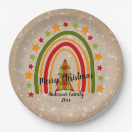 Modern Rainbow Christmas Tartan Tree 20xx Text 9" Pappteller
