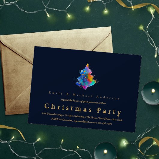 Modern Rainbow Christmas Tree Trendy Navy Blue Einladung