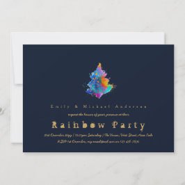 Modern Rainbow Christmas Tree Trendy Navy Blue Einladung