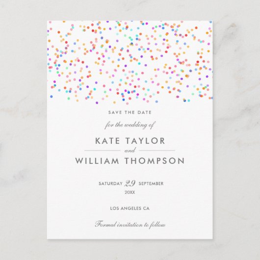 Modern Rainbow Confetti Save the Date Ankündigungspostkarte (Vorderseite)