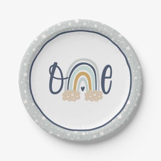 Modern Rainbow First Birthday Plate - Boy LB Pappteller (Vorderseite)