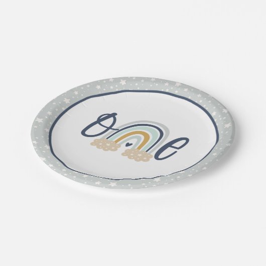Modern Rainbow First Birthday Plate - Boy LB Pappteller (Schrägansicht)