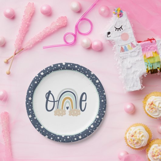 Modern Rainbow First Birthday Plate - Boy NB Pappteller (Party)