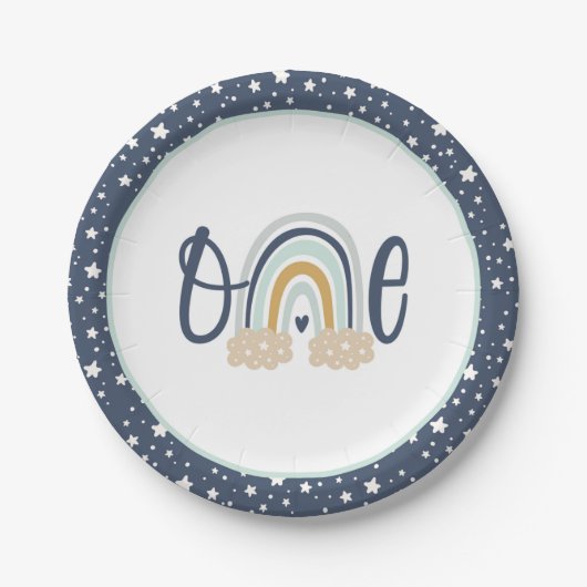 Modern Rainbow First Birthday Plate - Boy NB Pappteller (Vorderseite)