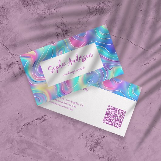 Modern Rainbow Holographic Makeup Artist & Qr Code Visitenkarte