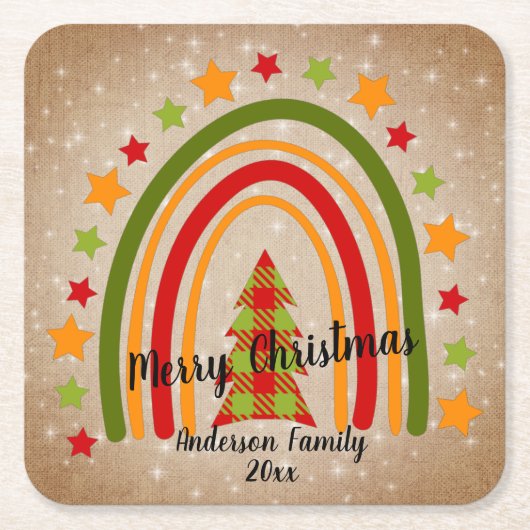 Modern Rainbow Weihnachten Tartan Tree 20xx Text Rechteckiger Pappuntersetzer (Vorderseite)
