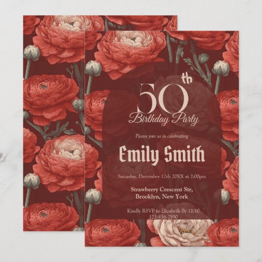 Modern Ranunculus Accent Boho Birthday Einladung (Vorne/Hinten)