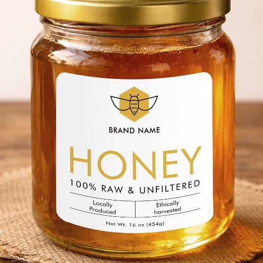 Modern Raw Honey Bee Icon Jar Product Label Quadratischer Aufkleber