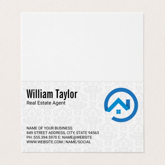 Modern Real Anwesen Blue Logo | Damask Muster Visitenkarten (Außenseite Aufgefaltet)