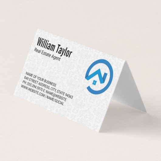 Modern Real Anwesen Blue Logo | Damask Muster Visitenkarten (Vorderseite)