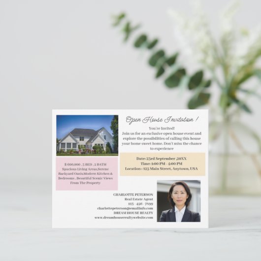 Modern Real Anwesen Open House Werbepostkarte Postkarte (Stehend Vorderseite)