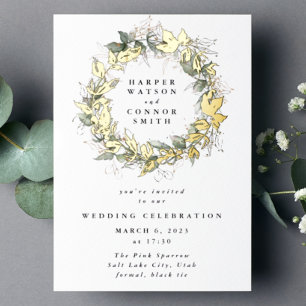 Modern Real Gold Eucalyptus Wreath Wedding Folieneinladung
