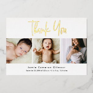 Modern Real Gold Foil Script Custom 3 Foto Baby Folieneinladung