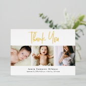 Modern Real Gold Foil Script Custom 3 Foto Baby Folieneinladung (Stehend vorne)