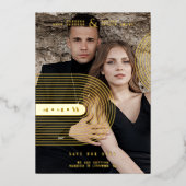 Modern Real Golden 2 Photos Trendy Geometric Arch Folieneinladung (Vorderseite)