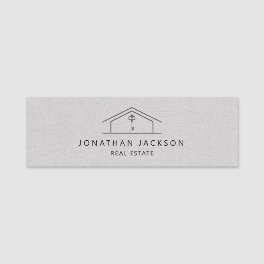 Modern Realtor Home Logo Gray Faux Linen Namensschild (Vorderseite)