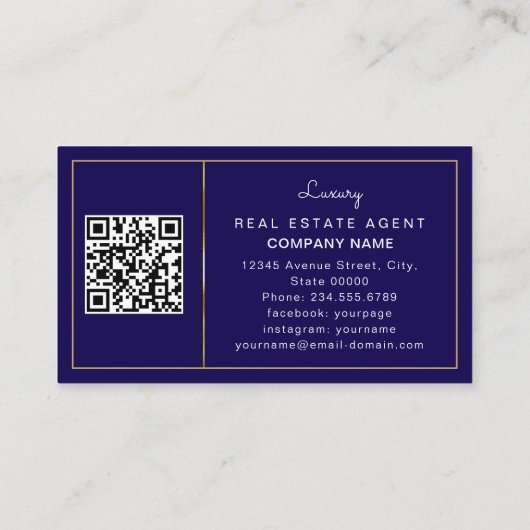 Modern Realtor Mortgage Broker Navy Blue QR code Visitenkarte (Rückseite)
