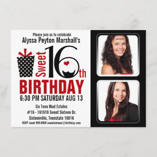Modern Red and Black 2 Fotos Sweet 16 Party Einladung