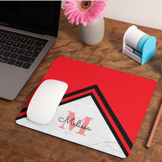 Modern Red and Black Chevron Name Monogram Mousepad