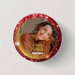 Modern Red and Gold Glitter Photo Name Birthday Button