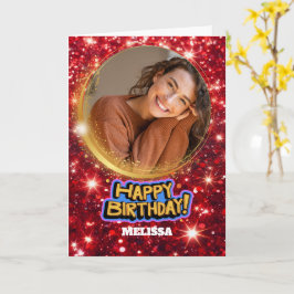 Modern Red and Gold Glitter Photo & Name Birthday Karte