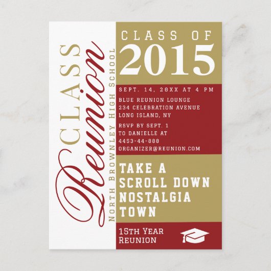 Modern red and tan School Class Reunion Postcard Postkarte (Vorderseite)
