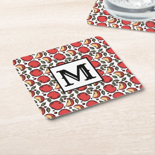 Modern Red Apple Muster Monogram Rechteckiger Pappuntersetzer (angewinkelt)