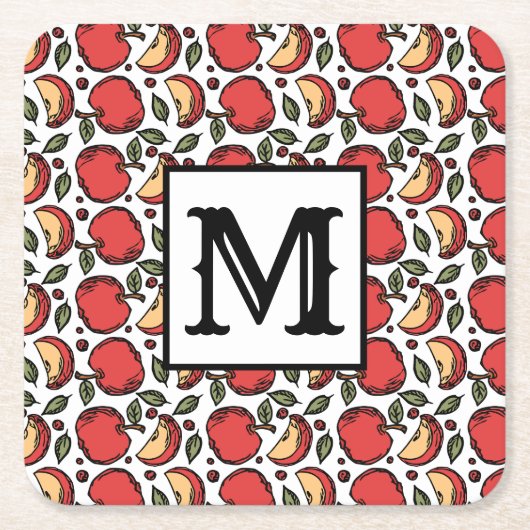 Modern Red Apple Muster Monogram Rechteckiger Pappuntersetzer (Vorderseite)