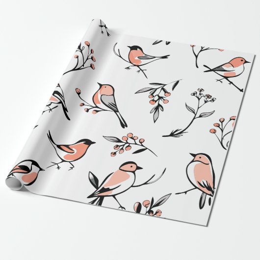 Modern Red Berry Holidays Bird Wrapping Paper Geschenkpapier (Ungerollt)