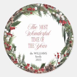 Modern Red Berry Wreath Christmas Typografie Runder Aufkleber