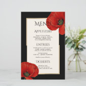 Modern Red Black Floral 3 Courses Wedding Menu (Stehend Vorderseite)