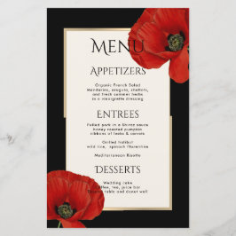 Modern Red Black Floral 3 Courses Wedding Menu